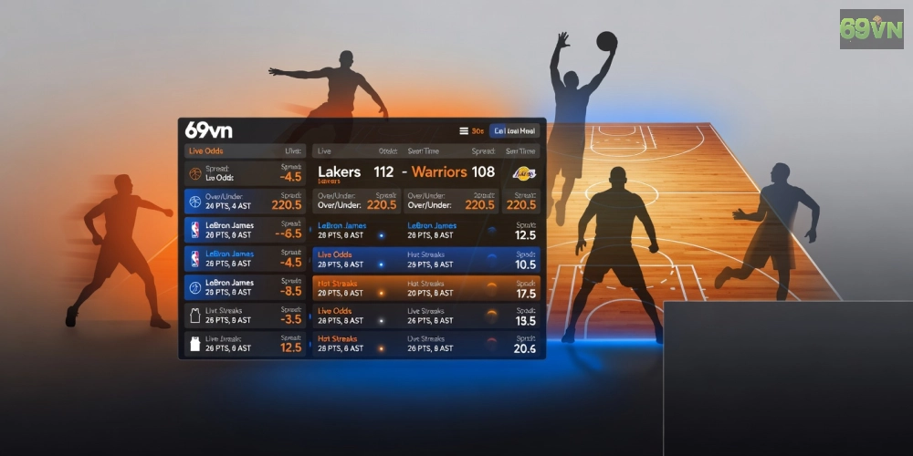 Giao diện cá cược bóng rổ NBA trên nền tảng 69vn với biểu đồ thống kê chi tiết